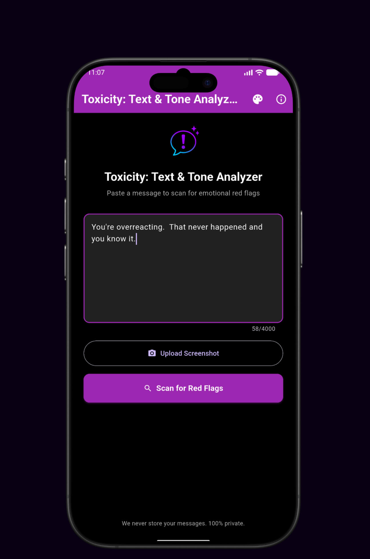 Toxicity App – Example of a Toxic Text Message Scan Example message entered in the Toxicity app showing guilt-tripping and emotional manipulation before running a toxicity scan.