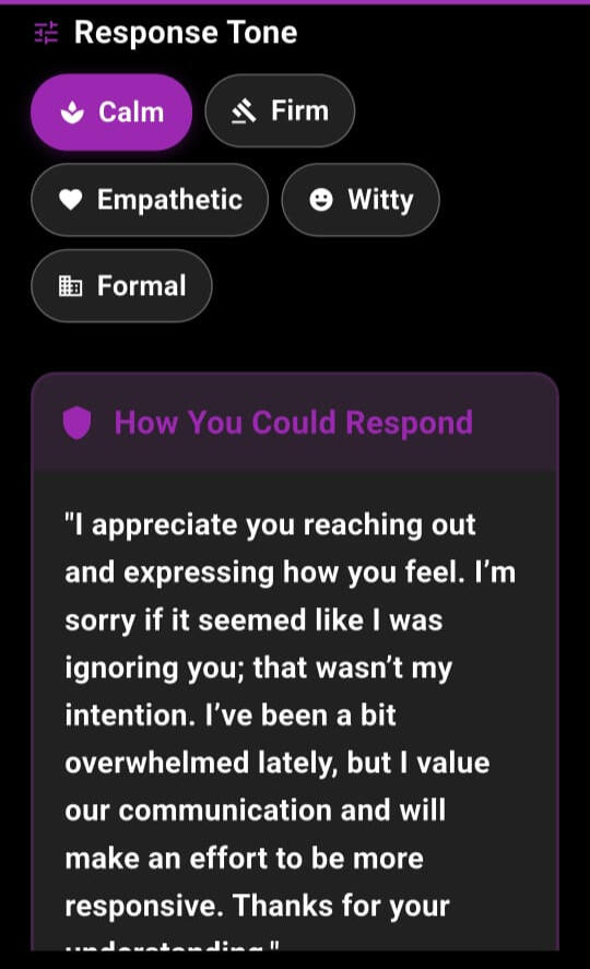 Toxicity app communication suggestion screen showing a calm and respectful way to respond to a toxic message.