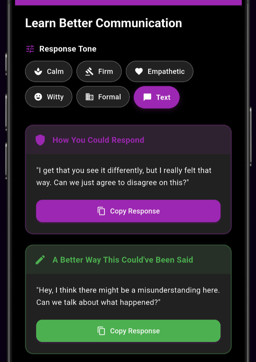 Toxicity App – Healthy Response Suggestion for Toxic Messages Toxicity app communication suggestion screen showing a calm and respectful way to respond to a toxic message.
