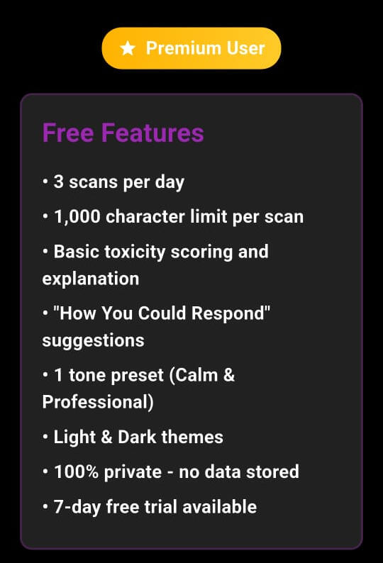 Toxicity app free features screen listing daily scan limits, basic toxicity scoring, response suggestions, and privacy protection.