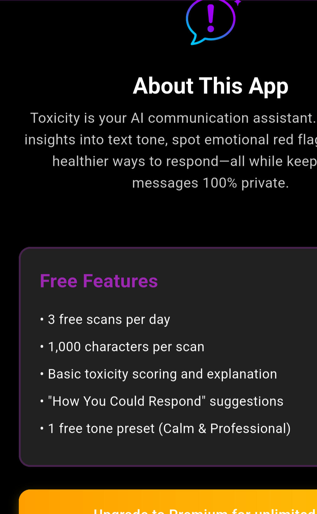 Toxicity App – Free Features Overview Toxicity app free features screen listing daily scan limits, basic toxicity scoring, response suggestions, and privacy protection.