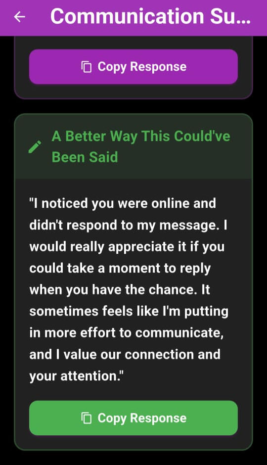 Toxicity app screen displaying a rewritten message that removes toxic tone and improves clarity and emotional safety.