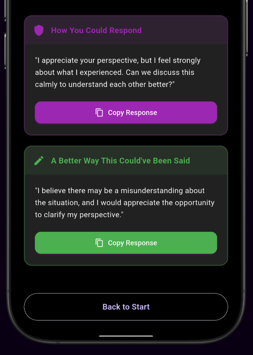 Toxicity App – Better Phrasing for Healthier Communication Toxicity app screen displaying a rewritten message that removes toxic tone and improves clarity and emotional safety.