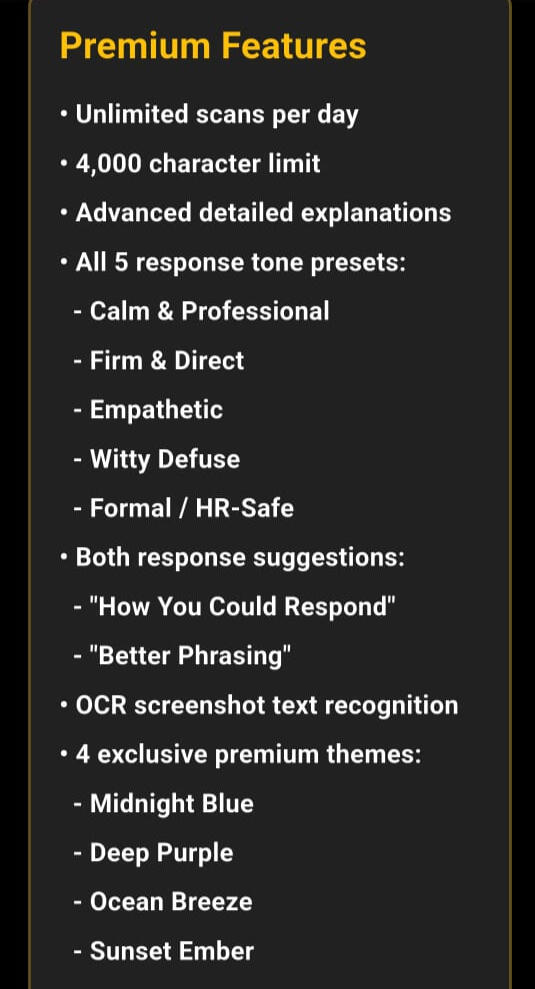 Toxicity app premium features screen showing unlimited scans, advanced explanations, response tone presets, OCR screenshot scanning, and exclusive themes.