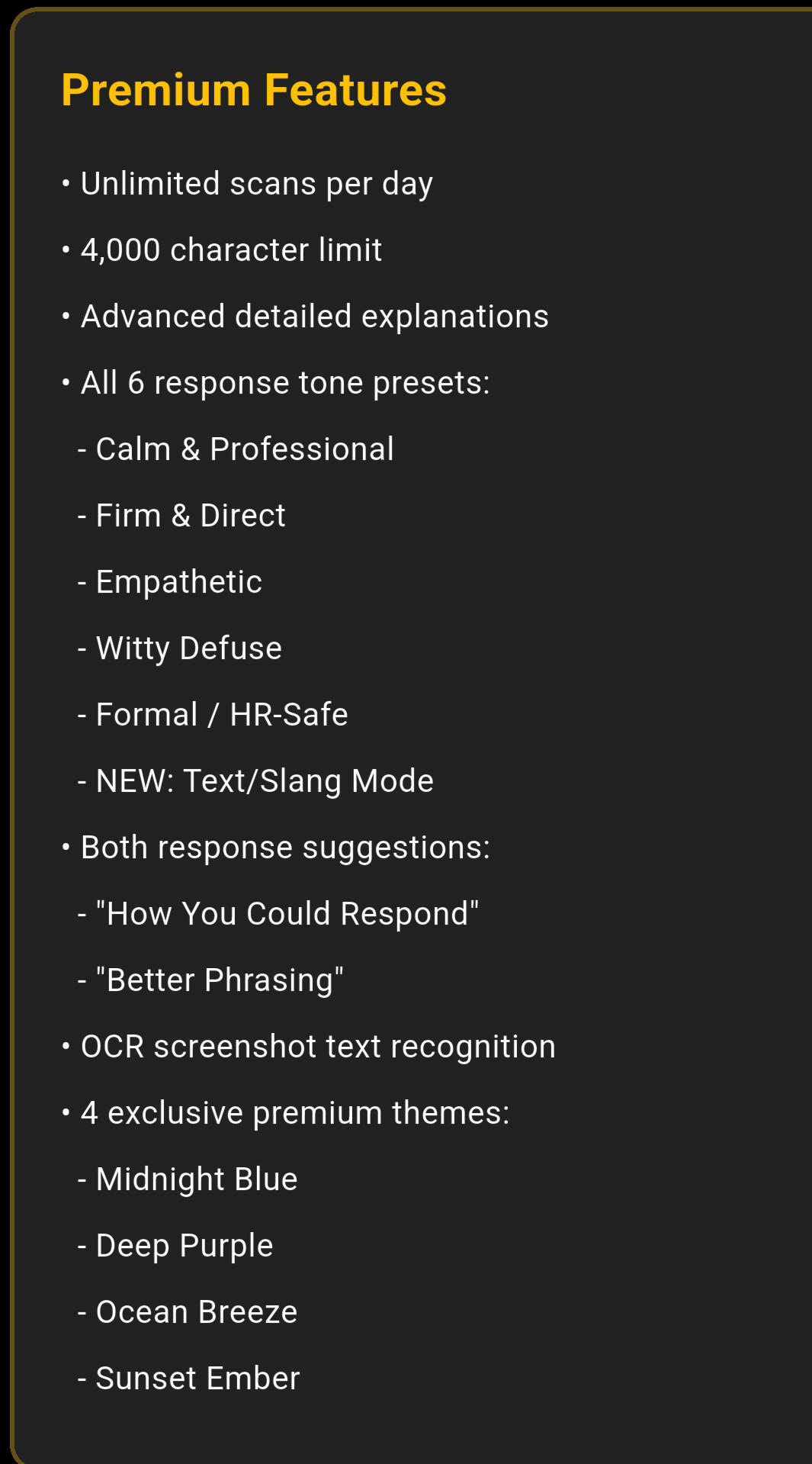 Toxicity App – Premium Features and Advanced Tools Toxicity app premium features screen showing unlimited scans, advanced explanations, response tone presets, OCR screenshot scanning, and exclusive themes.
